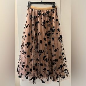 Dusty Rose/Black 3D Posy Double-Layered Mesh Midi Skirt